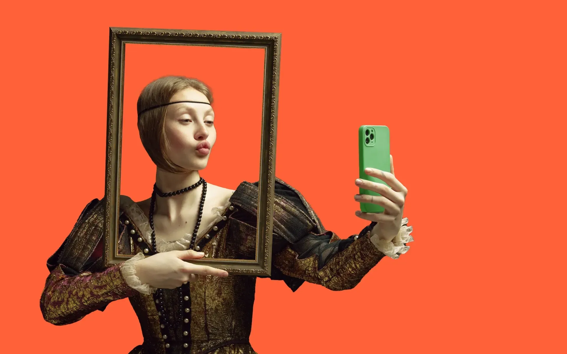 A woman in old-fashioned clothes taking a selfie