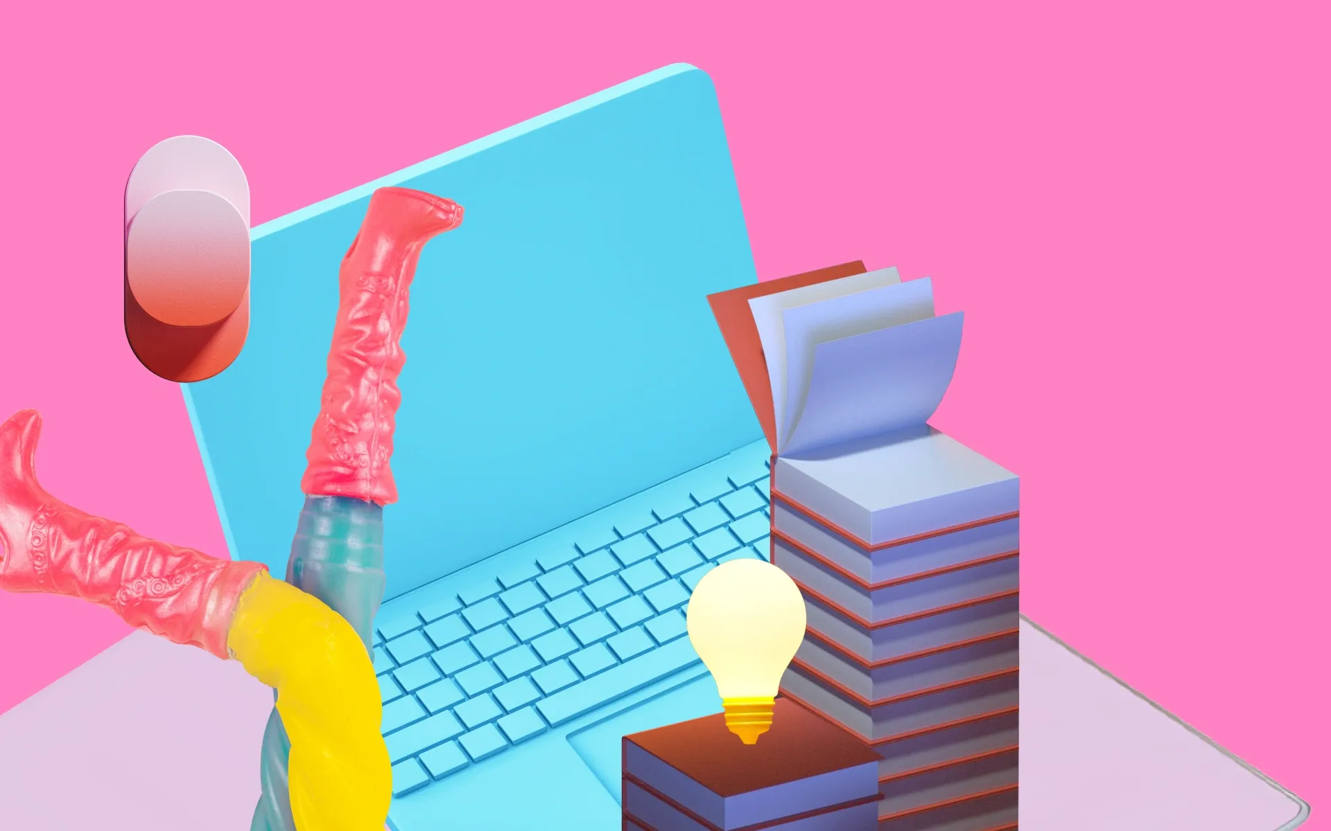 Blue laptop with a pink background. There is also a pile of books, plus some upside-down legs