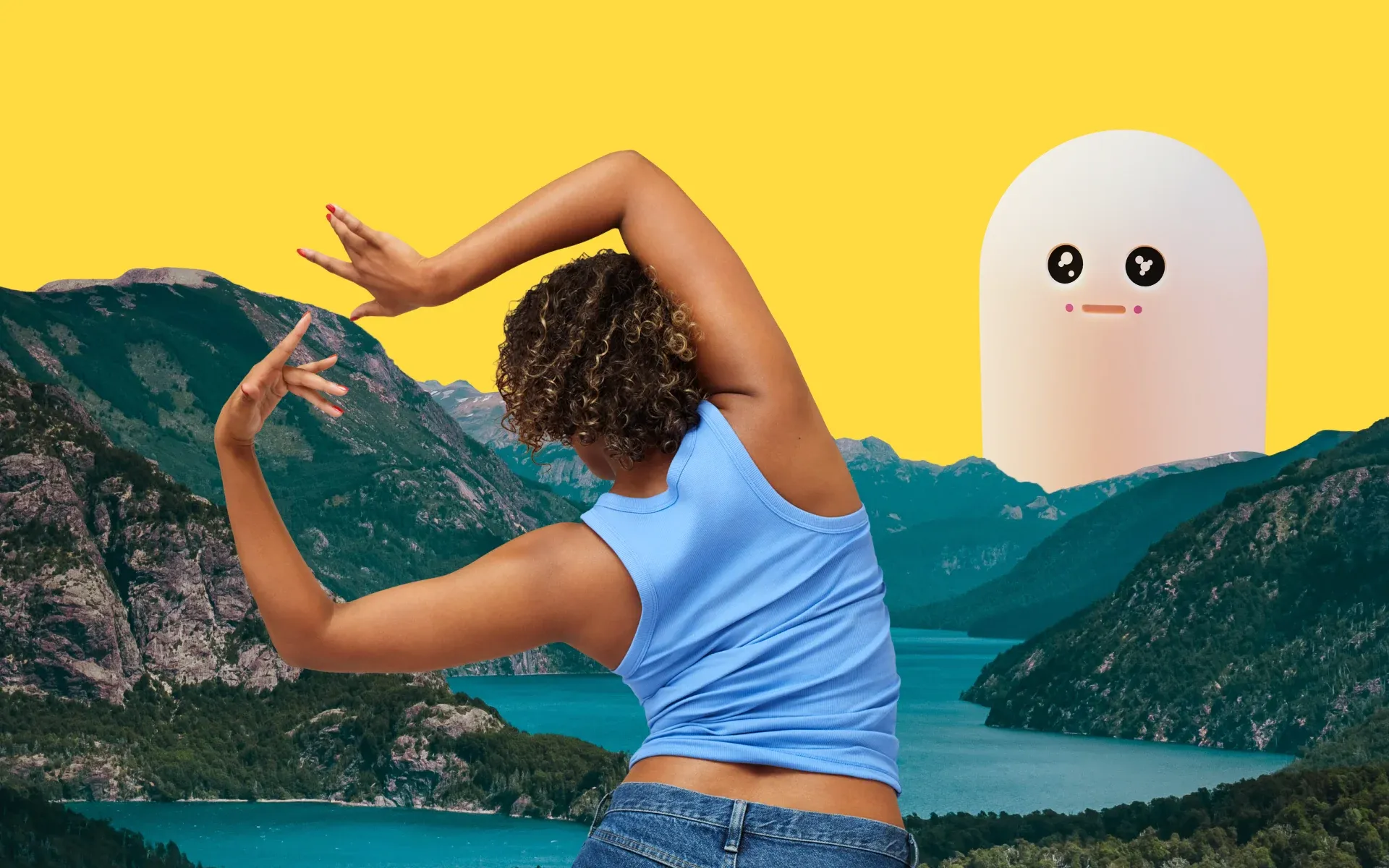 A woman dances in front of a mountain range, while a cartoon ghost watches