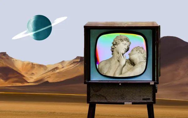Two ancient statues in a TV screen, with a planet in the background